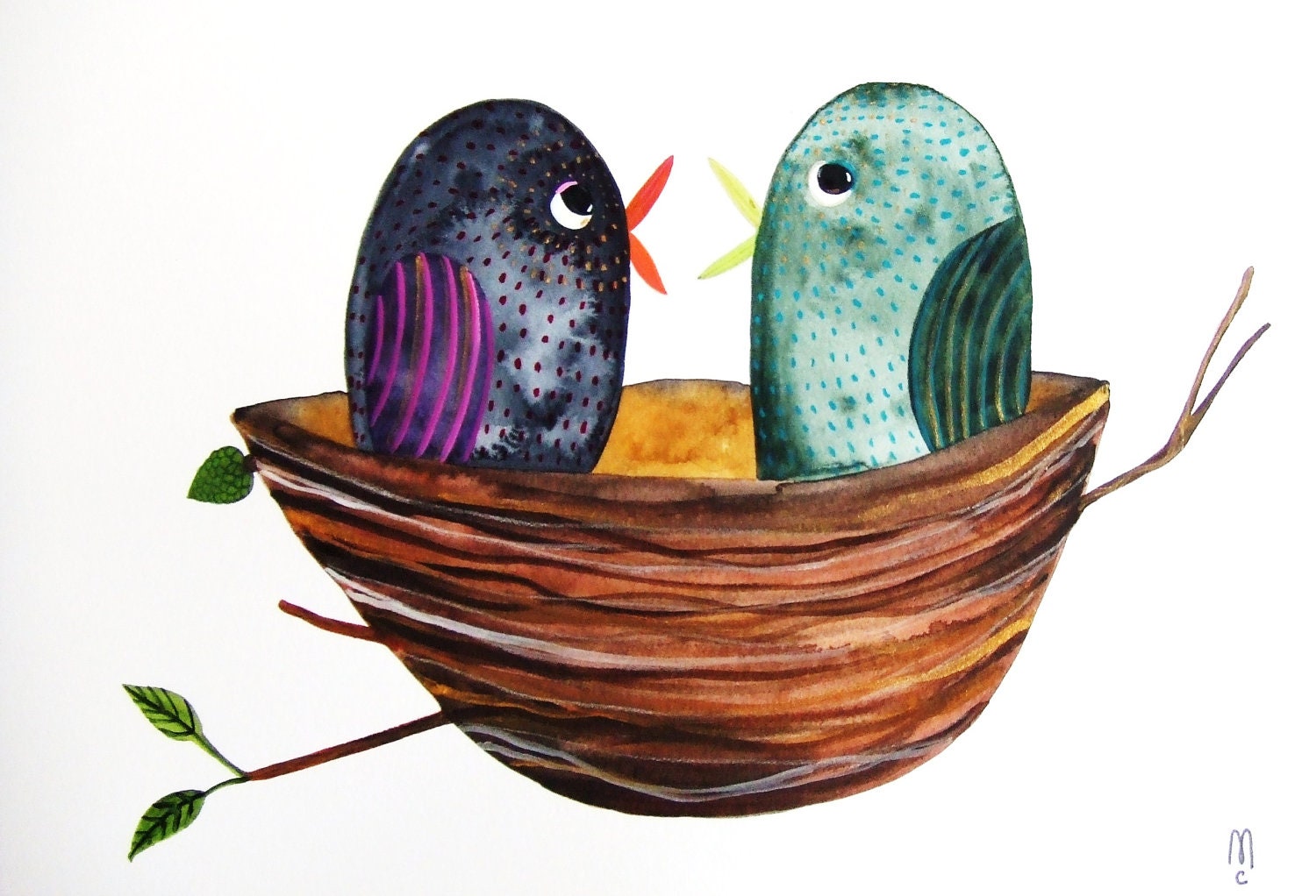 Nest Birds Original Painting Watercolor Ink Drawing Original Art Brown Blue Purple Nature Animal Decor Wall Art Two Birds Painting Bird Art