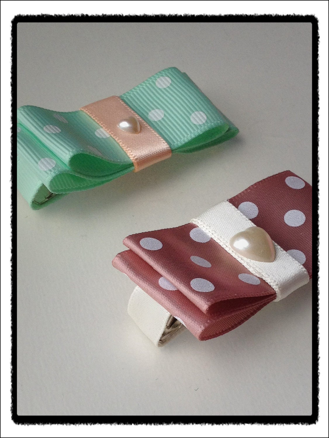 Pastel Polka Dots Hair Clip set with heart pearl bead at the center. Christmas Sales.