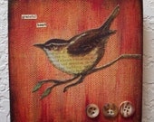 Wren Grateful Heart Original Mixed Media Collage Painting Miniature Art