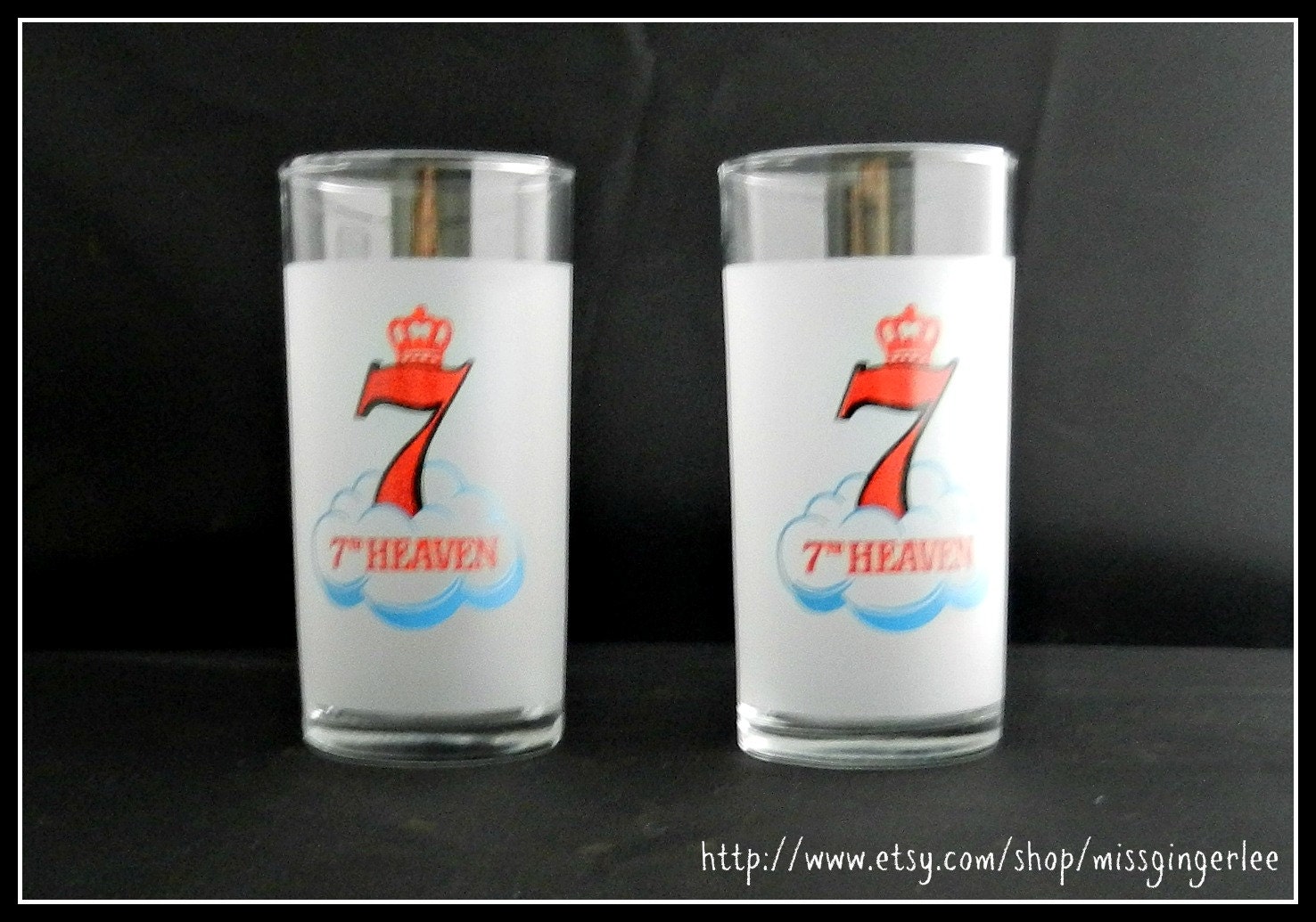 Set of 2 Vintage Retro Seagrams 7 7th Heaven Frosted Glass Barware With Crown Logo