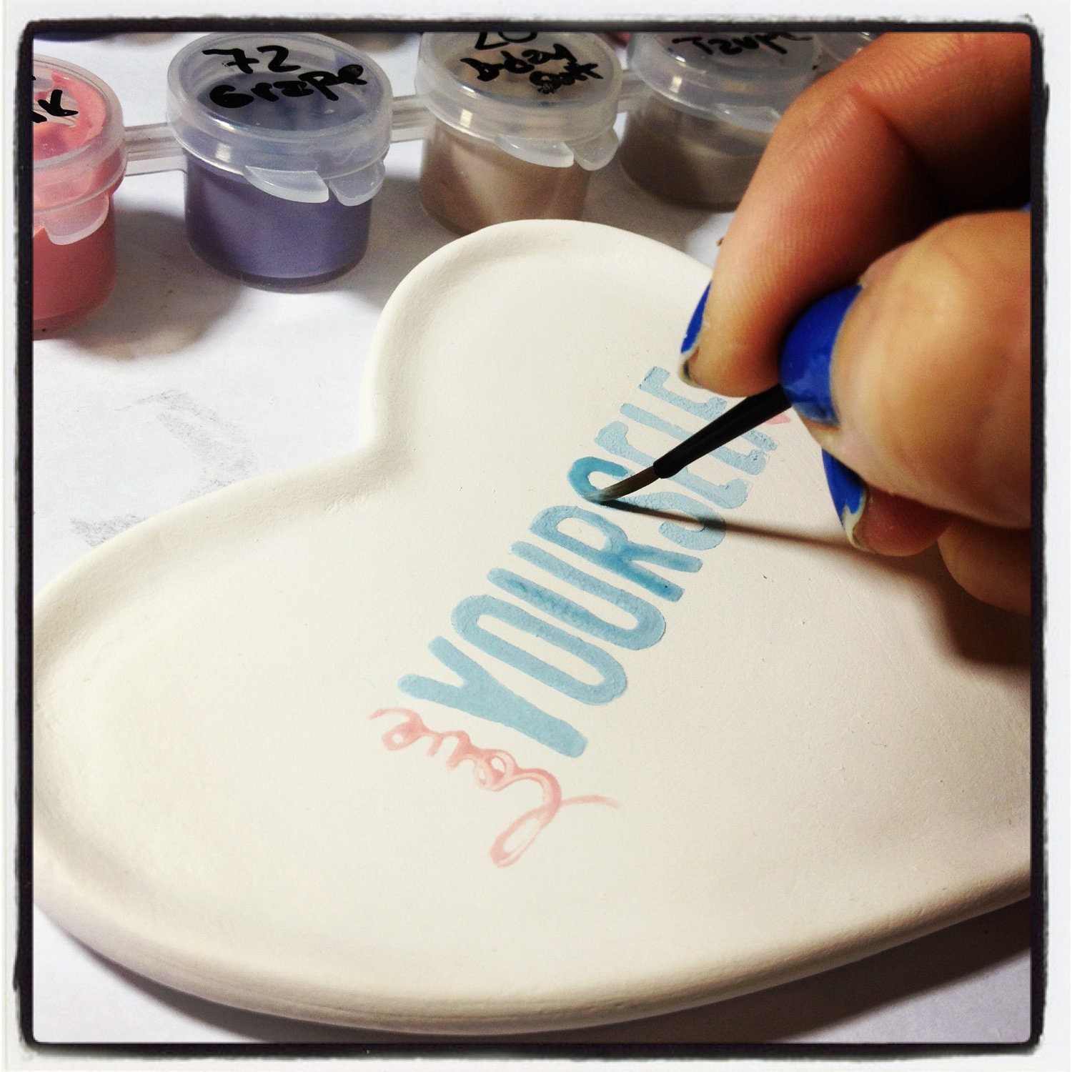 Porcelain Jewelry Heart Dish in White, Blue and Pink with Writing "Love Yourself" READY TO SHIP