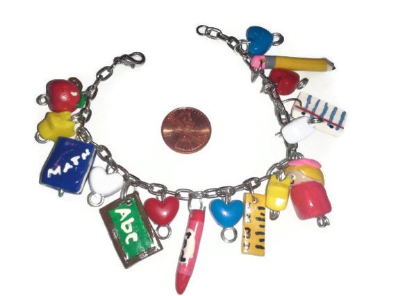 Back To School Themed Charm Bracelet, School Charms, Polymer clay charms, Teacher Gift, Teacher Charm Bracelet, gift ideas