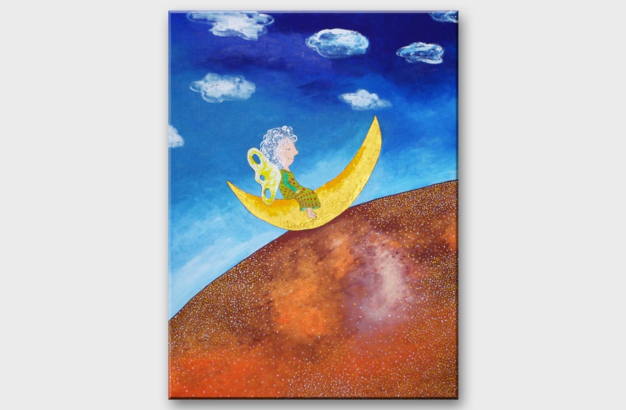 Original painting on canvas Angel for nursery room decor cheerful painting Lovely large home decor wall art 32x24 Children