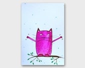 Pink cat art Funny painting Wall hanging ANGER Cat illustration Cat drawing Watercolor animal painting Gift idea