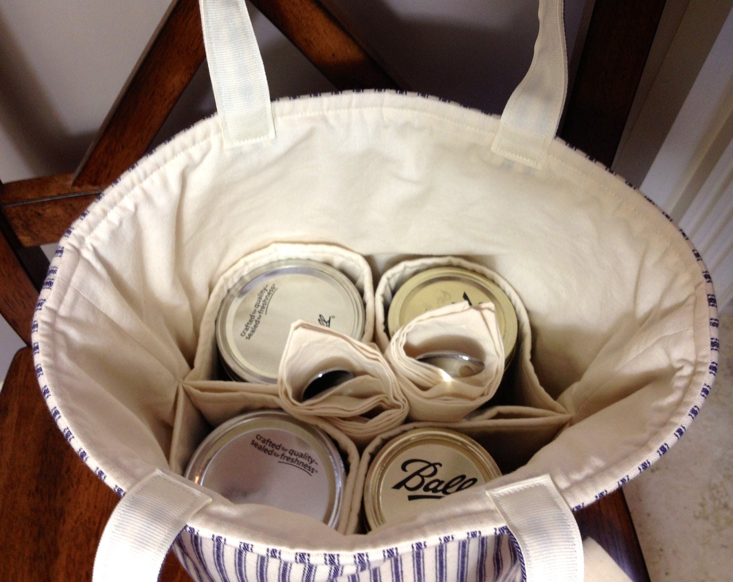 Four-jar Jars to Go Bag - blue ticking stripe