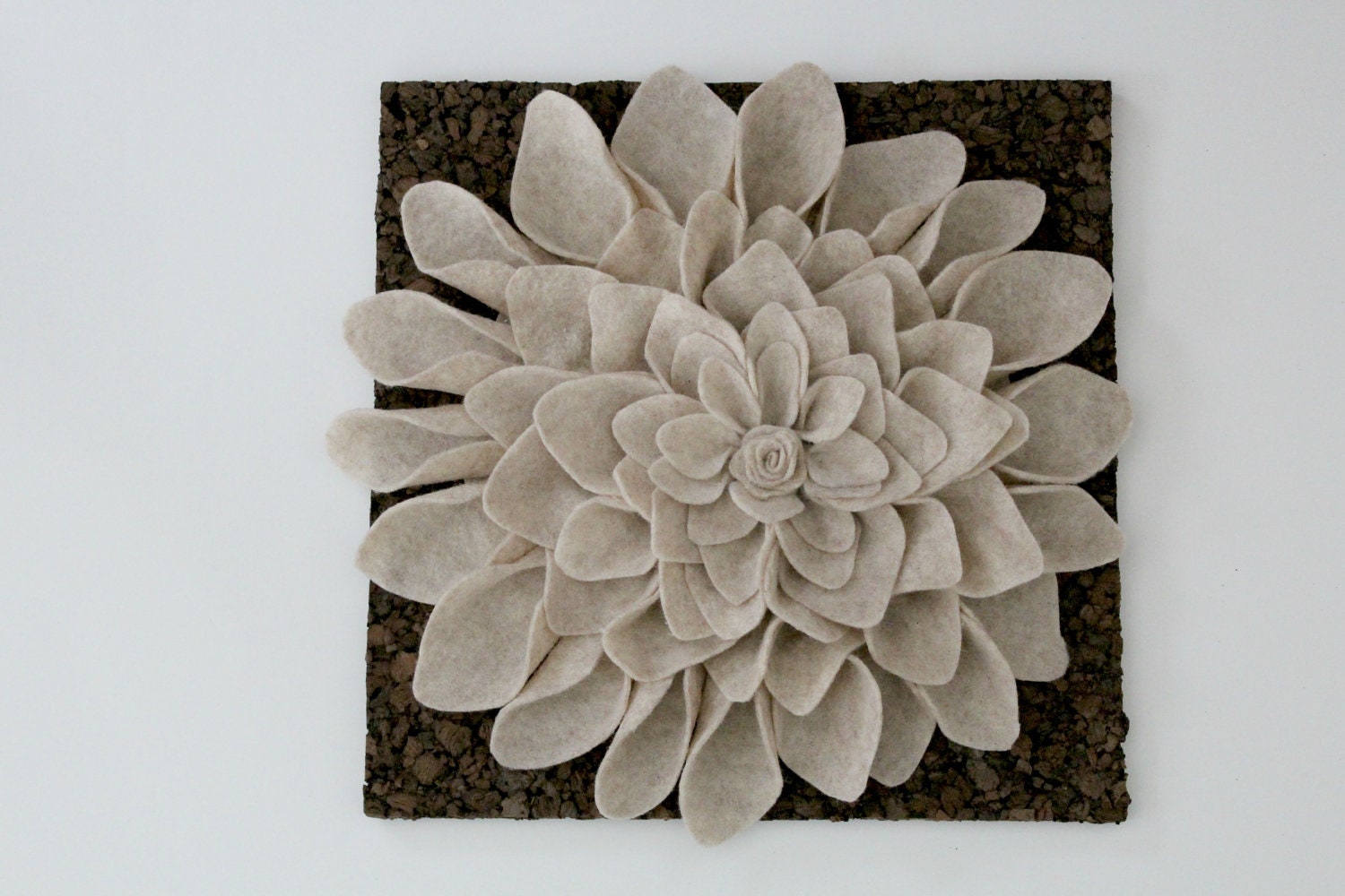 RESERVED FOR JESSICA Brown and Oatmeal Tan Felt Flower on Cork Wall Hanging Decoration