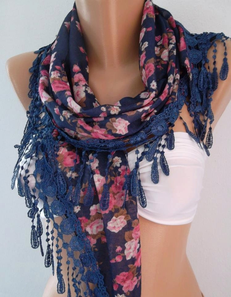 Georgeus Scarf   Elegance Scarf   Feminine Scarf ....Dark blue  Pink flowered