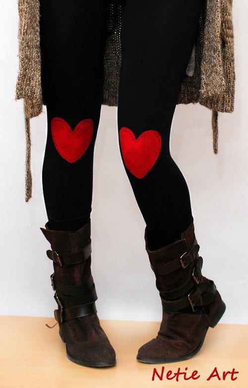 Red heart patched leggings, tights in black