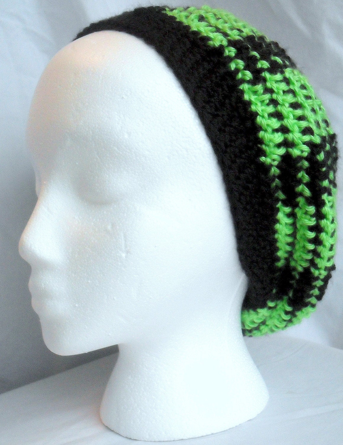 Children's Crochet Hat: Glowing Green and Black Striped Slouchy Beanie- Free Shipping