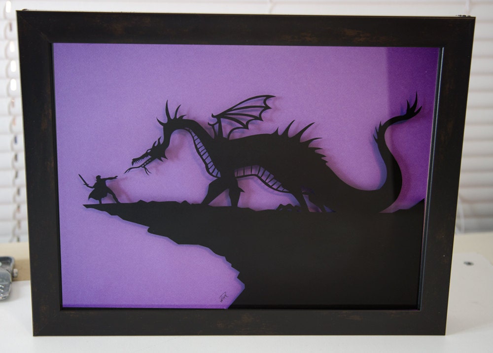 Prince Phillip vs. Maleficent as dragon 14x18 handcut paper craft by Pigg