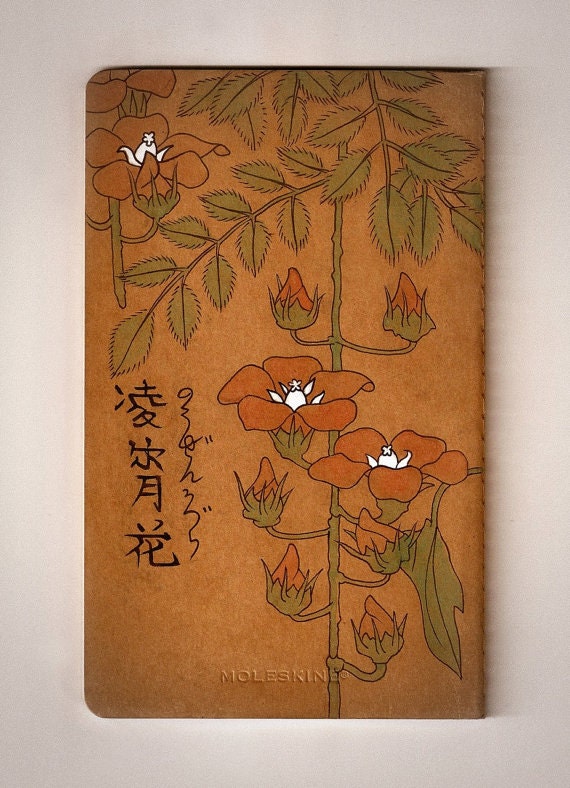 Morning Glories with Trumpets-japanese woodblock inspired hand painted large moleskine featuring floral scene