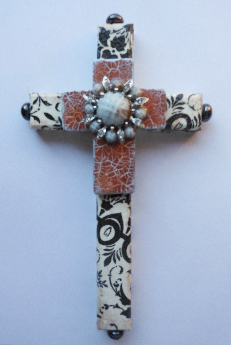 OOAK hand painted recycled decoupaged crackled beaded found objects wall cross