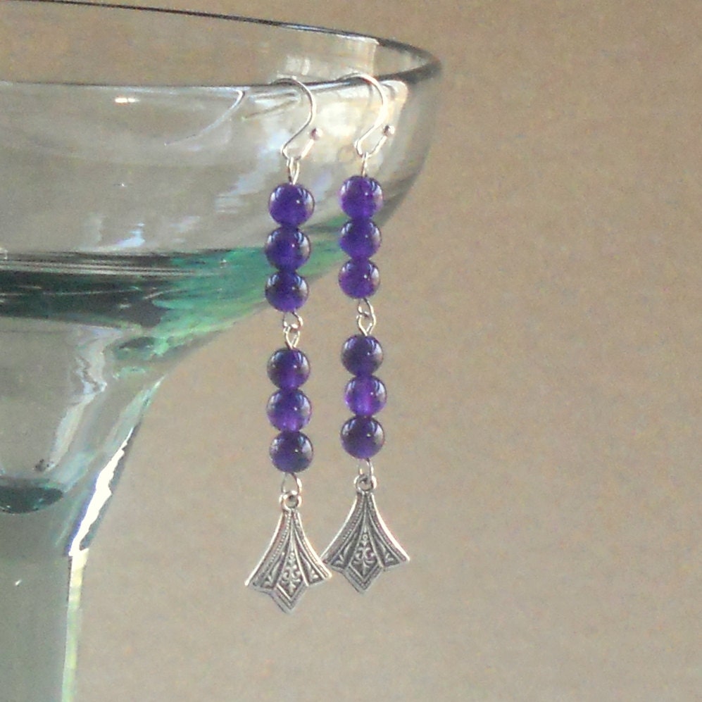 Amethyst Art Deco Dangle Earrings Purple Silver Long Beaded Dangles Fashion Jewelry Plum Hand Crafted Jewellery Gift Free Shipping