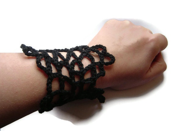 Crochet Bracelet, Spider Web, Cuff Bracelet, Crochet Lace, Black, Arm Warmer, Lace cuff bracelet, OOAK