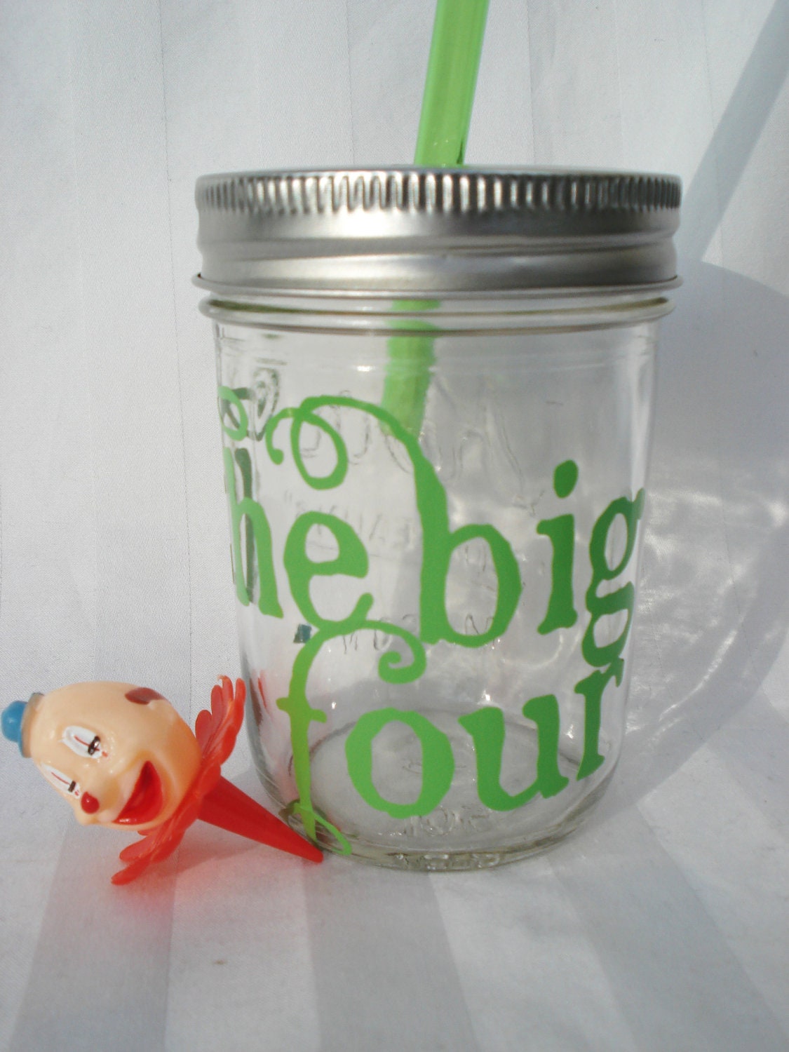 Mason Jar KIDS Sippy Cup The Big Four 4 4th Birthday Girl or Boy Birthday Party Drink with your choice of BPA Straw ONE