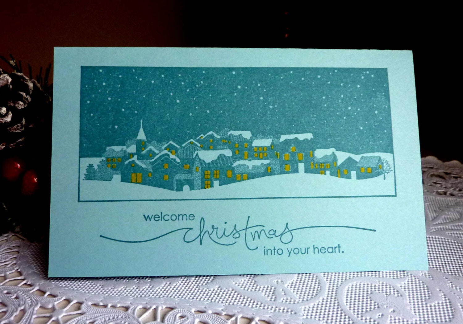 Hand stamped card Set of 6 - Welcome Christmas into your heart - NEW