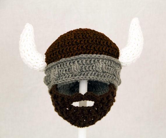 Viking Beard Hat, Brown and Grey Crochet Beard Beanie, RTS Ready to Ship Size Large, ages 5 - adult