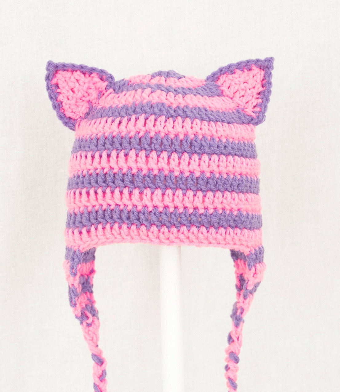 Cheshire Cat Ears Earflap Hat from Alice in Wonderland, Hot Pink and Purple Crochet Beanie,, RTS Ready to Ship Size Large, ages 5 - adult
