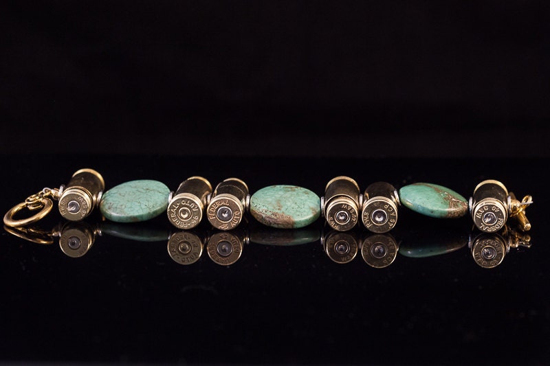 Ammo Bullet Turquoise Bracelet-"Targets and Turquoise" 40mm, 45mm bullets-Tear Drop Turquoise Stone bead bracelet