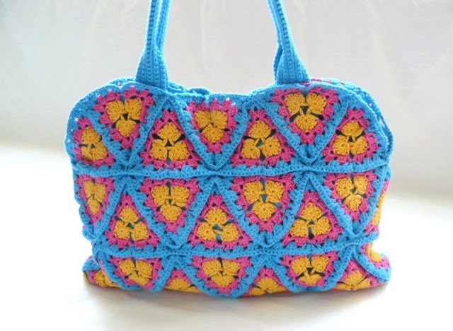 Summer handbag, yellow, blue, fuchsia pink, crochet bag, handmade shoulder bag