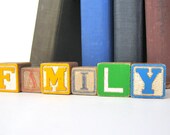 FAMILY Vintage Childrens Blocks Repurposed Signage Home Decor Primary Colors