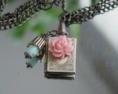 LOCKET PENDANT NECKLACE - Antique Bronze Locket With Pink Rose Flower and Bead