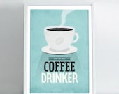Art for Kitchen wall decor Coffee print A3, For The Real Coffee Drinker Retro-style typography quote poster in Blue