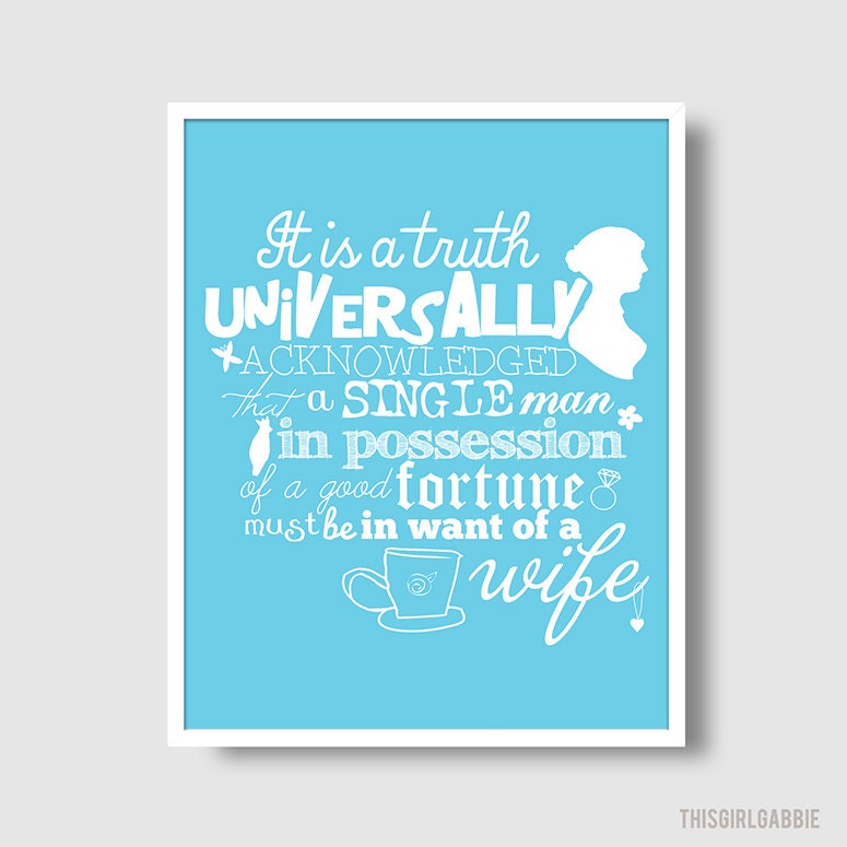 Pride and Prejudice Quote Print - 8x10 - Blue - Jane Austen - Typography Print - Mr Darcy - Elizabeth Bennett - Books
