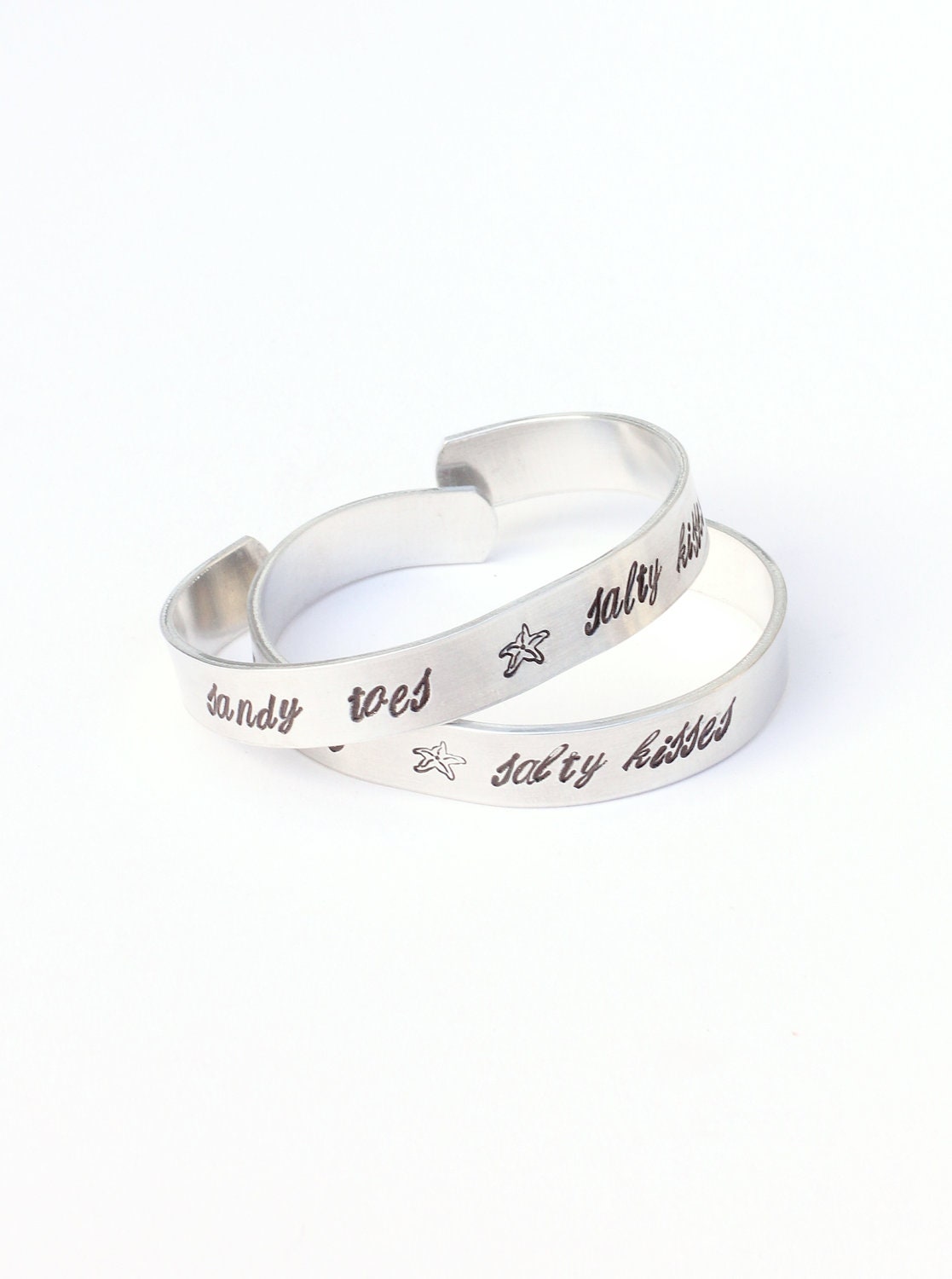 Beach Bracelet. Sandy Toes, Salty Kisses, Starfish Bracelet Hand Stamped Jewelry,  Metal Cuff, Ocean Jewelry, Silver Color