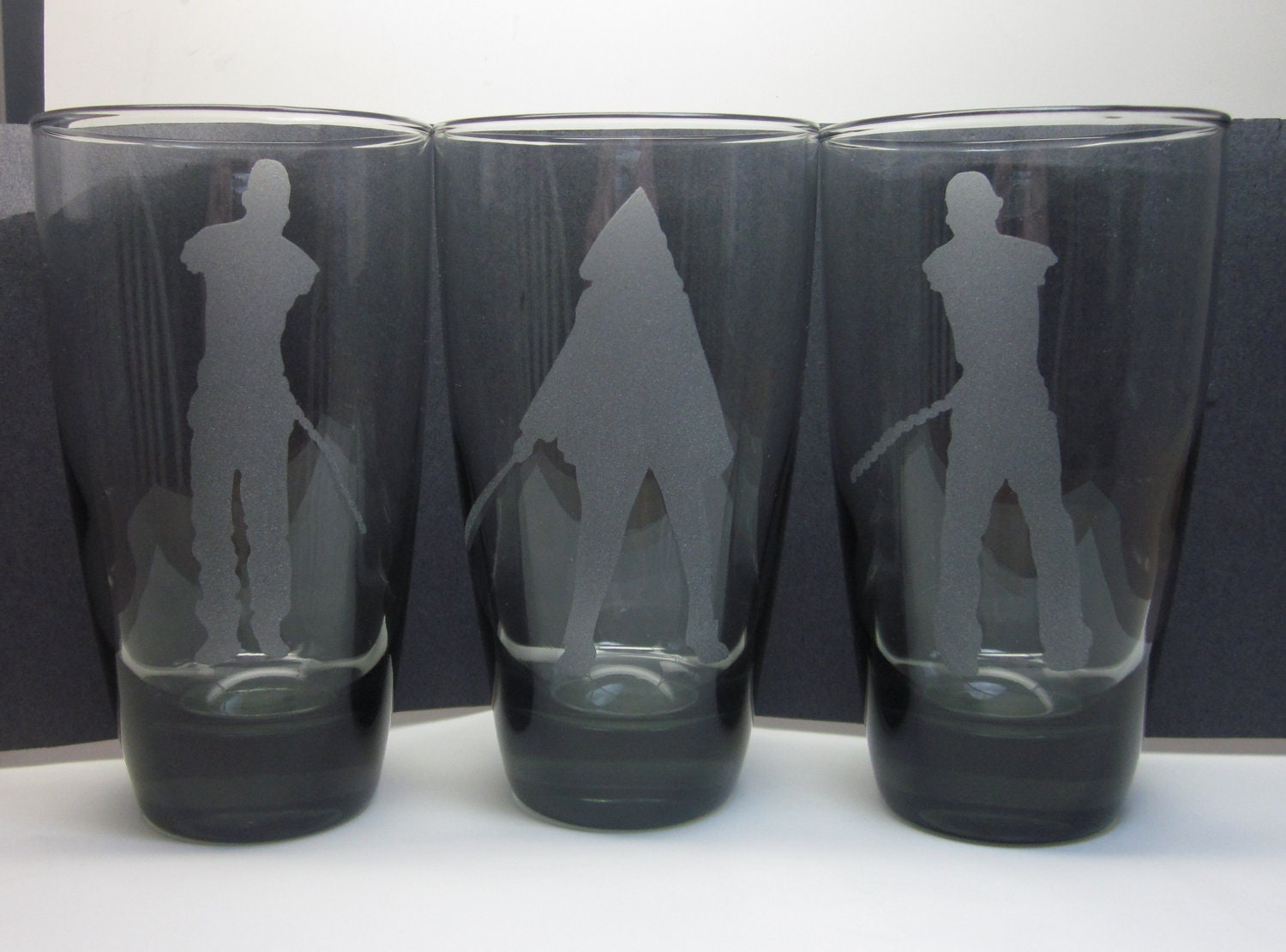 Michonne and Pets Etched Zombie Glasses -  Set of Three The Walking Dead Inspired Etched Zombie Glasses.