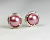 Pink Pearl Stud Earrings Wire Wrapped Jewelry Handmade Sterling Silver Jewelry Handmade Swarovski Pearl Stud Earrings Bridal Earrings