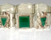 Aztec Warrior Bracelet TAXCO Mexico Sterling Silver 925 Green Onyx Face Bracelet Vintage High Fashion Tribal Collectable Jewelry