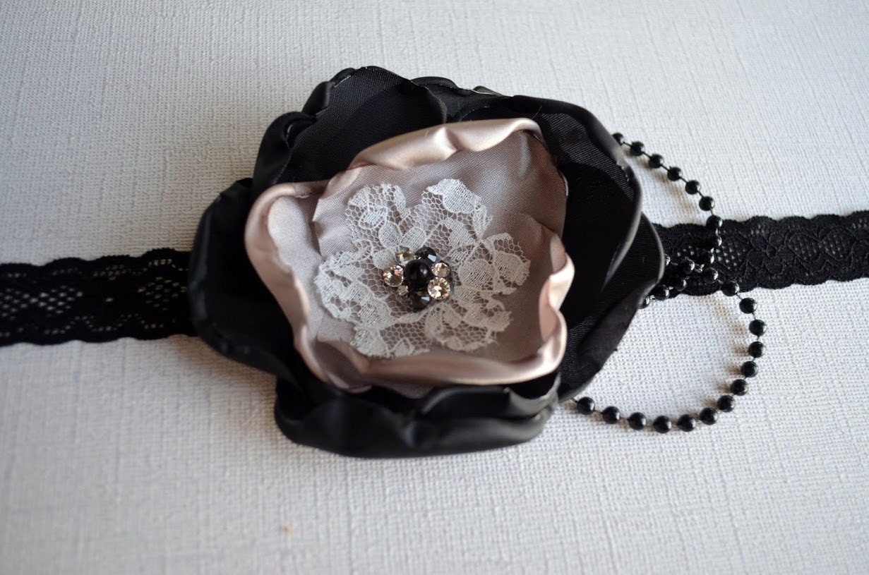 Fancy Black and Champagne Flower with Pearls and Swarovski Gems -  For Baby or Adult