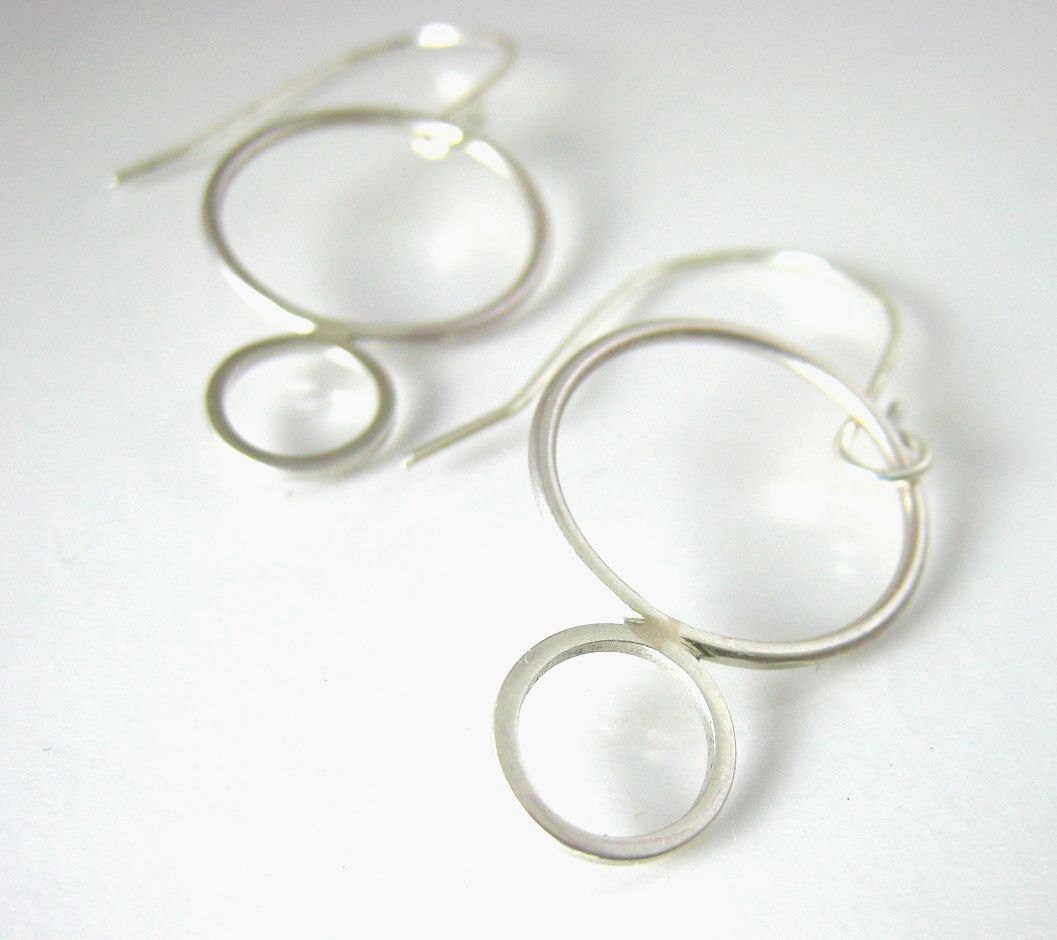 Double circle silver earrings, Unique handmade Silver jewelry, art silvery jewelry