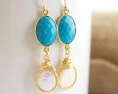 Turquoise Earrings, Turquoise and Pearl Dangle Earrings, Wire Wrapped Earrings, Bezel Set Earrings