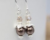 Brown Swarovski Pearl Dangle Earrings, Delicate Earrings, Pearl Earrings, Brown Earrings