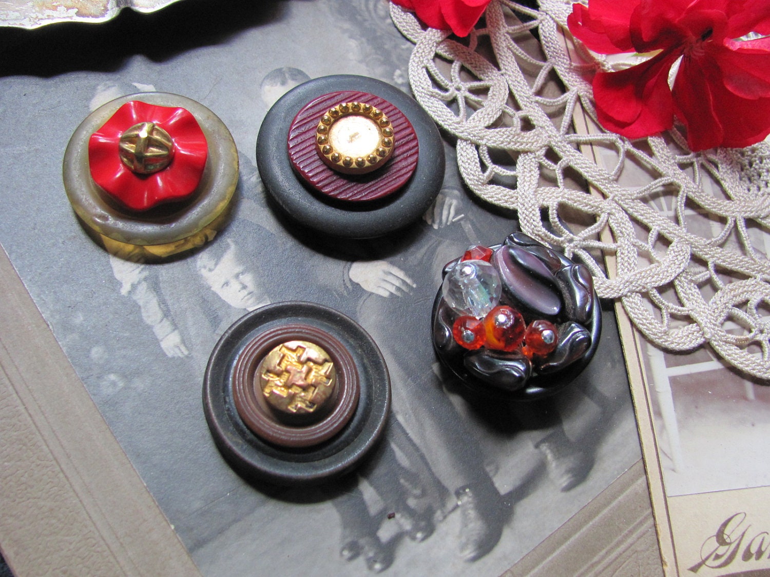 Handmade Antique Button Vintage Earring Refrigerator Magnet Set of 4
