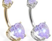 14K Solid Gold belly ring with Topaz double heart Stone, Yellow or White gold. Free Shipping
