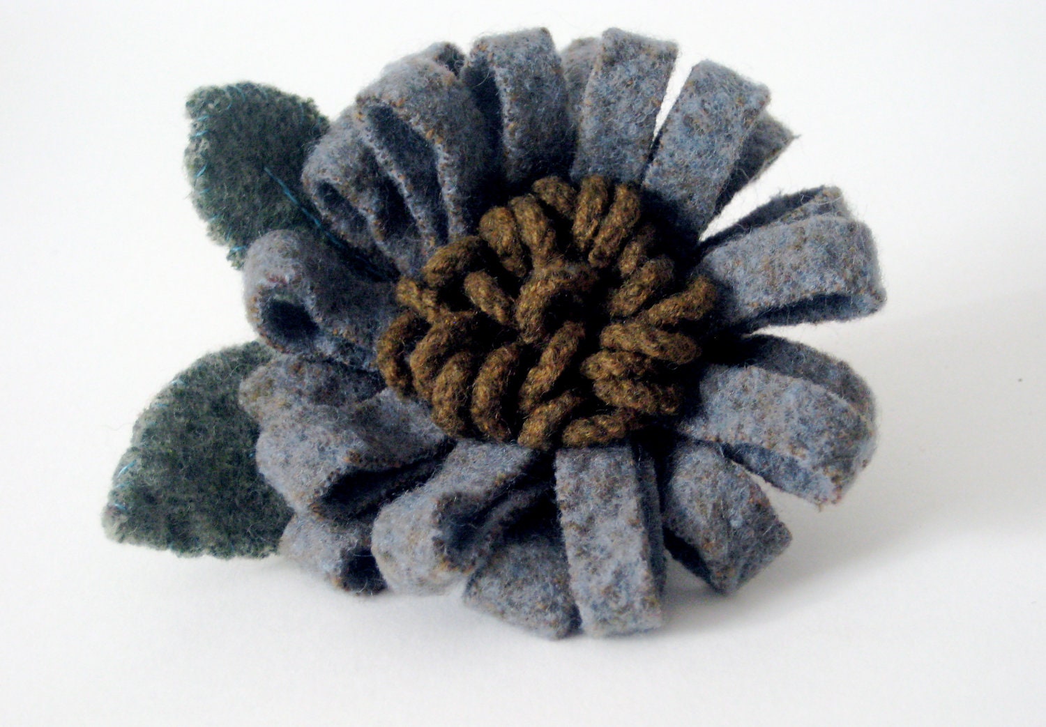 Hand Crafted Grey Felted Flower Corsage Brooch With Green Leaves - cheekyrosie