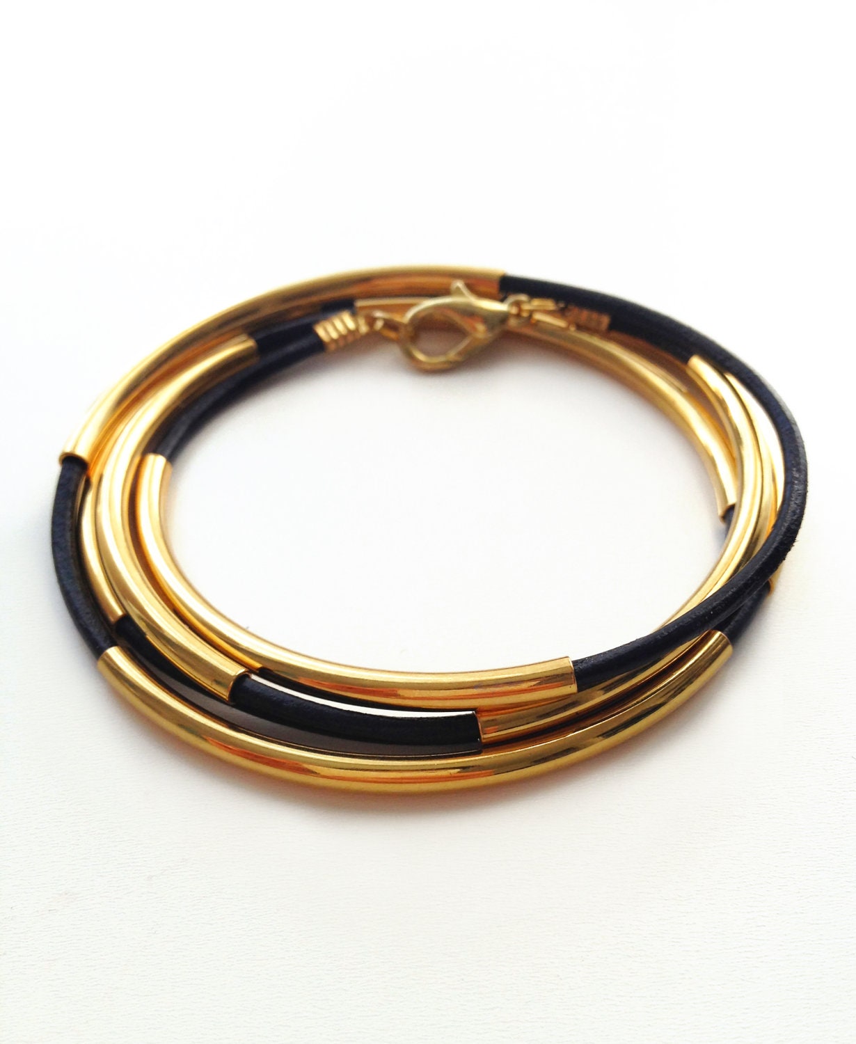 That's A Wrap Bracelet - Black Leather Cording Wrap Bracelet with 22k Gold Plated Noodle Beads