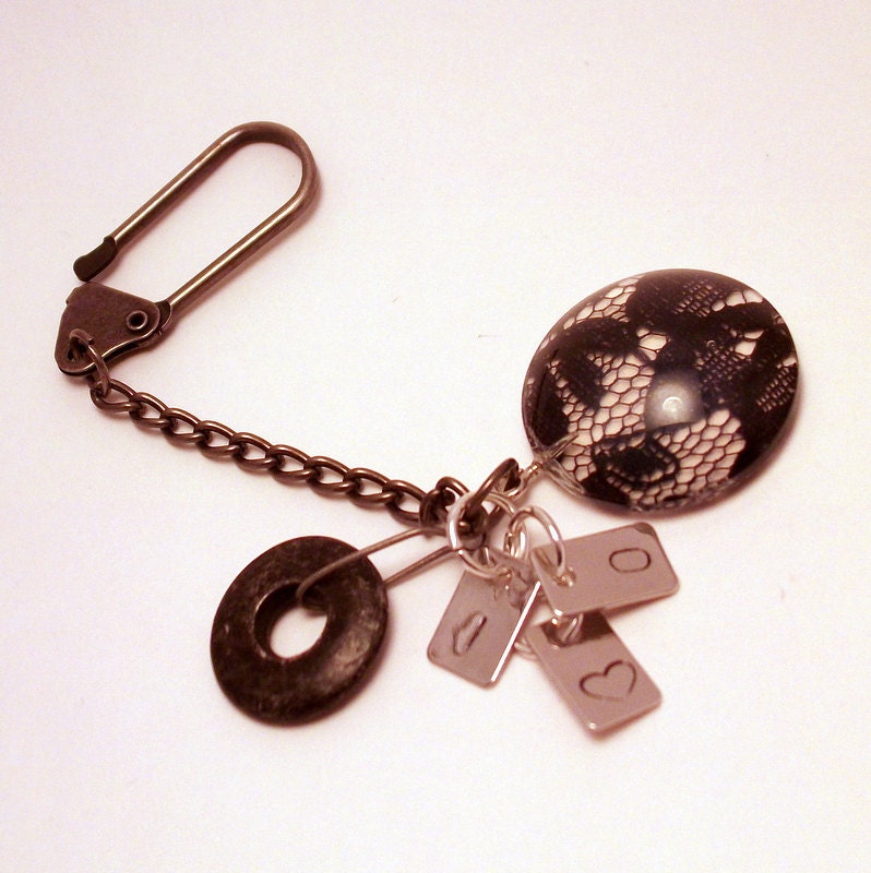 Keychain with a Black Lace Glass Gem and Initial Charms