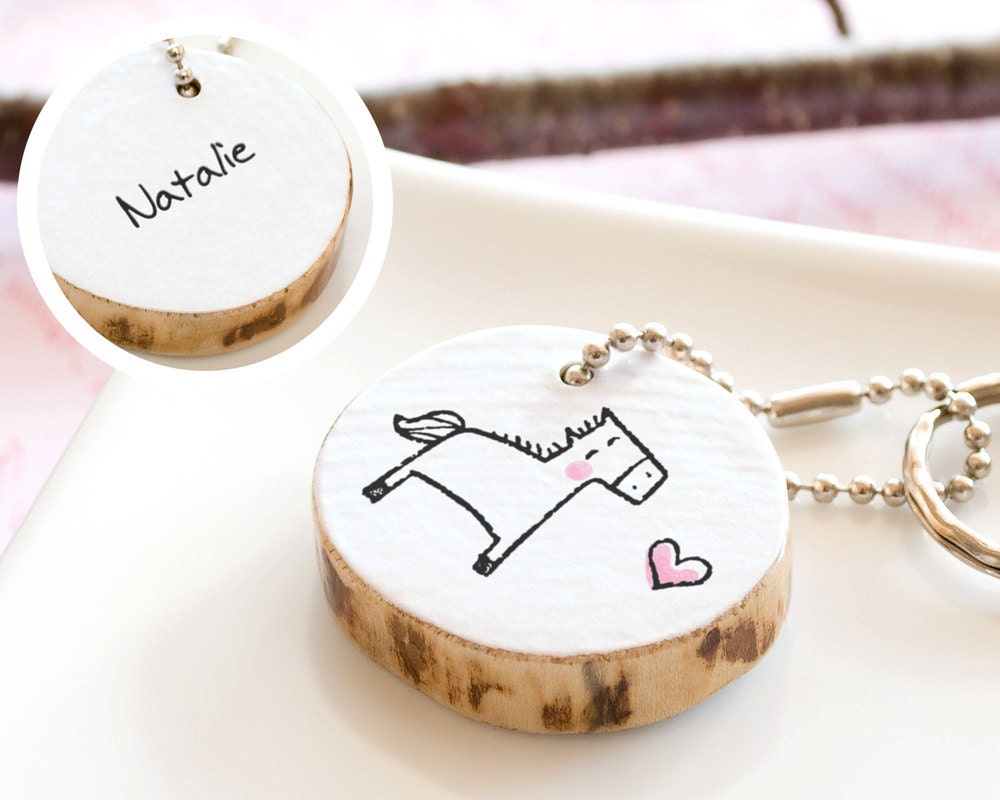 Horse Keychain PERSONALIZED Name Initial Monogram Cute Drawing Animal Round Wooden Keyring Custom Handmade Unique ECO FRIENDLY Gift Women