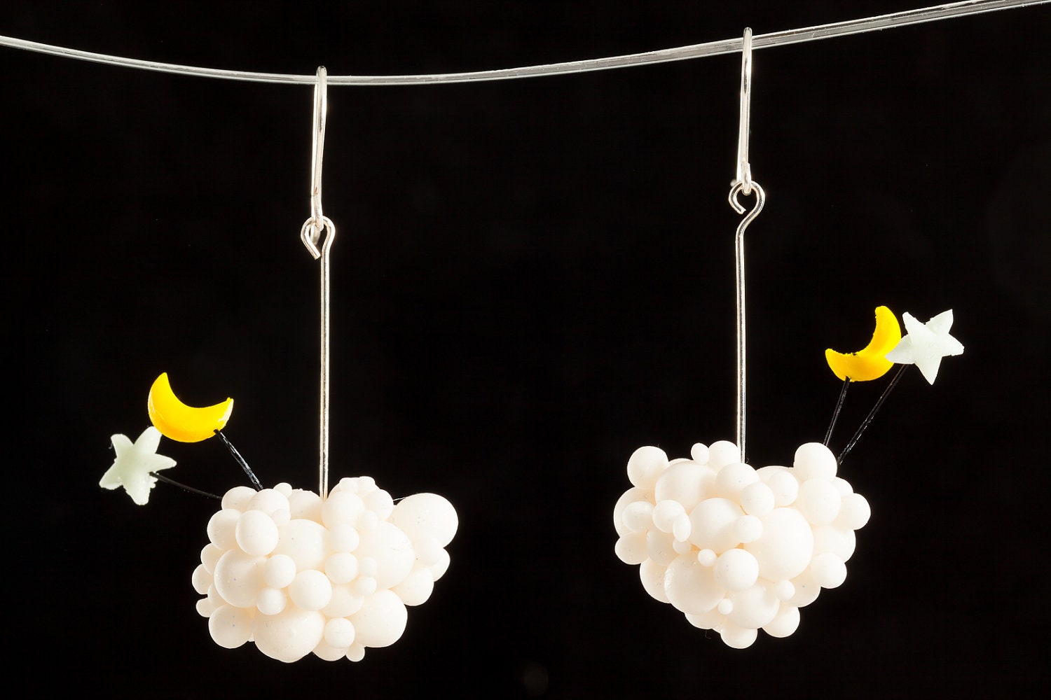 Long dangle earrings, white cloud earrings, goodnight earrings, moon and star earring, handmade jewelry, polymer clay earrings