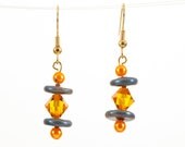 Dark blue earrings, orange dangle earrings, dark blue polymer clay beads - OOAK