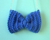 Cute cobalt blue knitted bow necklace OOAK