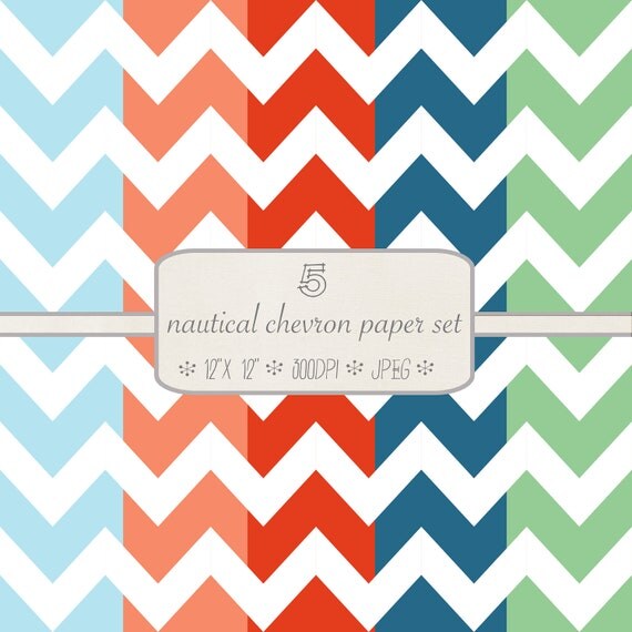 Patterned Digital Paper Pack // Nautical Chevronl // 5 pieces // jpeg files // 300 DPI // Instant Download Il_570xn