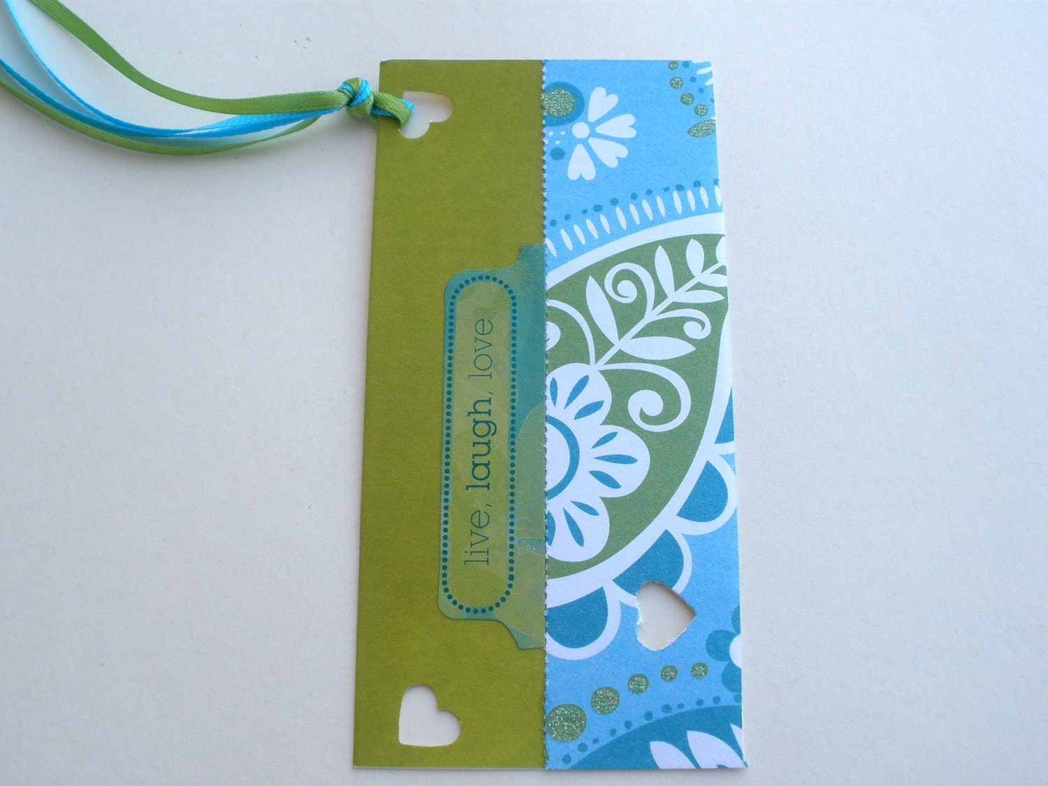 Live laugh love paper bookmark hearts green blue