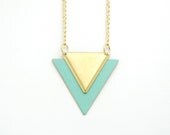Minimalist Geometric Triangle Long Necklace - Mint Green Hand Dyed Modern Raw Brass Jewelry  - Gold Plated Chain