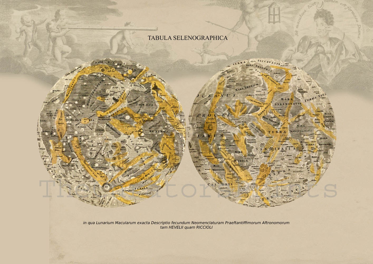 Astronomy Print  Poster Lunar maps Atlas Coelestis  Tabula Selenographica  Vintage Image to Frame