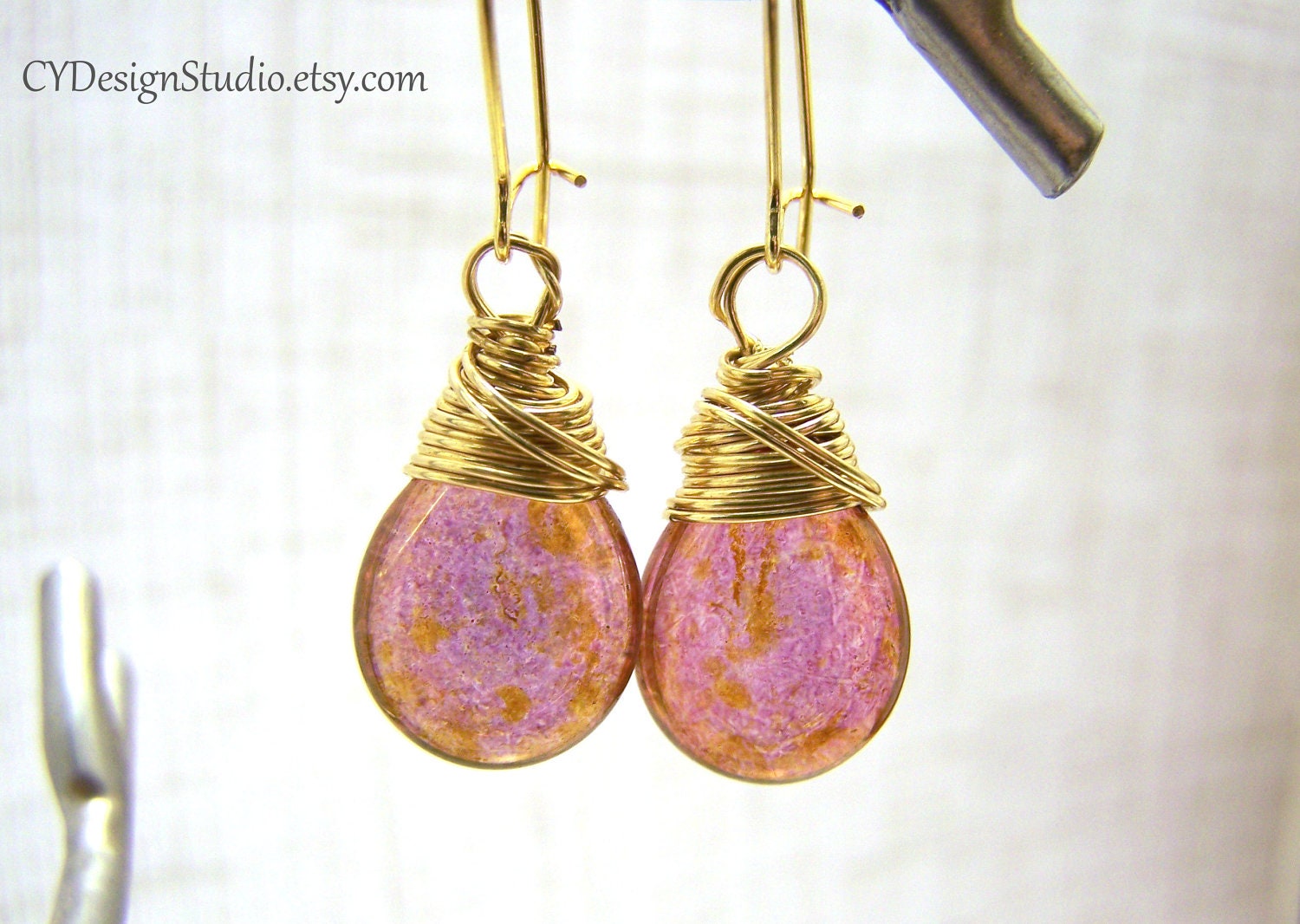 Luster Rose Gold Teardrop Czech Glass Wire Wrapped Briolette Earrings / Gift for Her